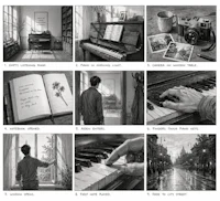 a series of black and white drawings of a piano