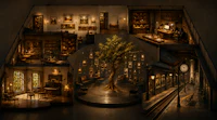 a picture of a room with a clock and a tree