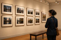 a woman looking at framed photographs in an art gallery
