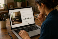 a woman is using a laptop to listen to music