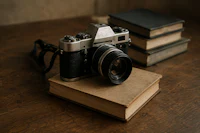 a camera sits on top of a book on a wooden table