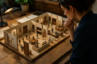 a woman looking at a model of a house