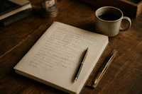 a notebook on a wooden table with a cup of coffee