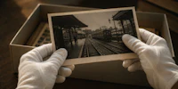 a pair of hands holding an old photograph in a box
