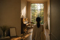 a woman is standing in a room with a piano