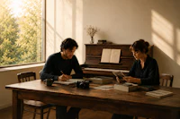 two people sitting at a table in front of a window